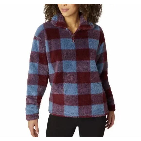 Eddie Bauer Plaid Sherpa Fleece Quarter Zip Pullover Jacket Size Small Blue Red - Picture 1 of 10